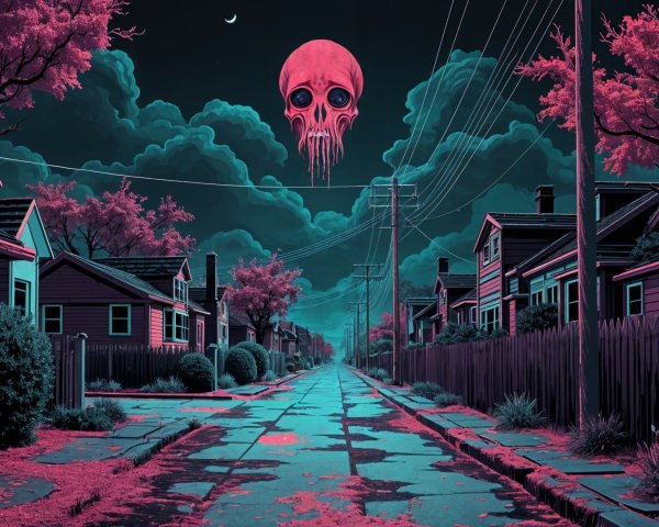 Surreal Nighttime Street Scene with Colorful Houses