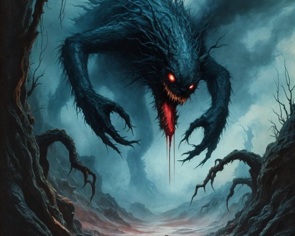 Monstrous figure in a desolate, eerie landscape