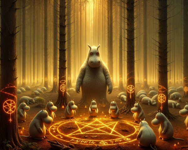 Mystical Forest Gathering with Enigmatic Creatures