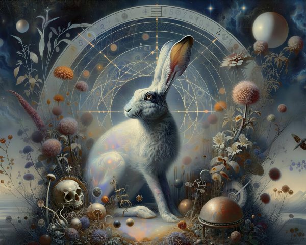 Ethereal White Rabbit in Mystical Dark Landscape