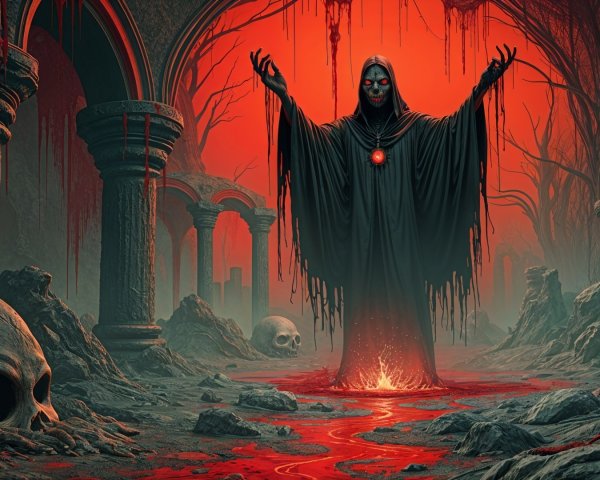 Cloaked Figure in Crimson-Lit Haunting Landscape