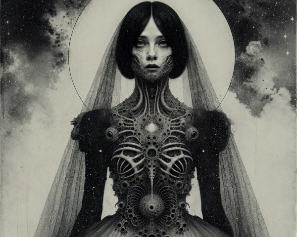 Surreal Portrait of Woman in Flowing Dress and Veil