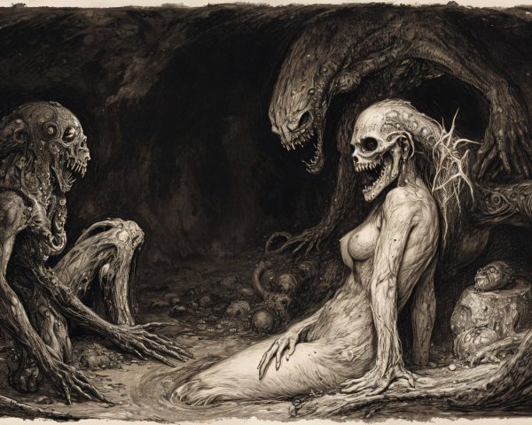 Grotesque Figures in Dark Eerie Setting with Dread