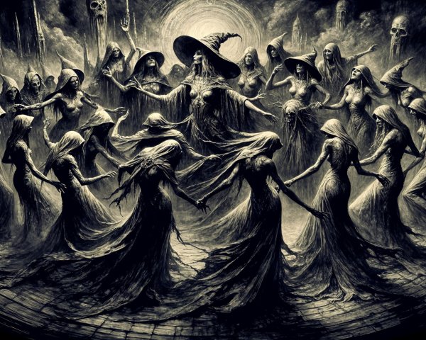 Circle of Hooded Figures in Ritual Dance Under Moon