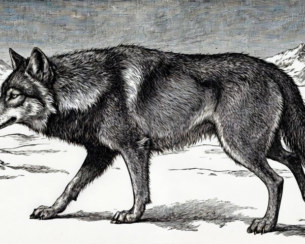 Etched Illustration of a Wolf in a Snowy Landscape