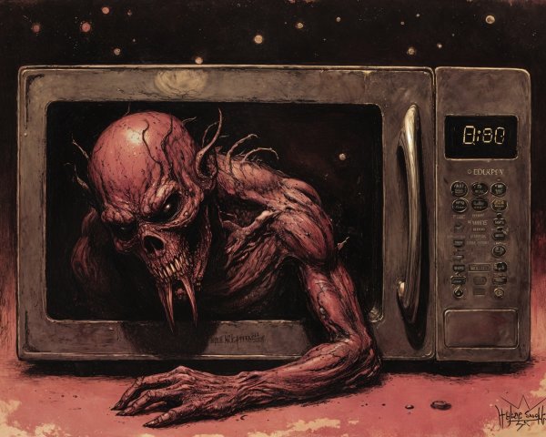 Skeletal Figure in Microwave Against Dark Background