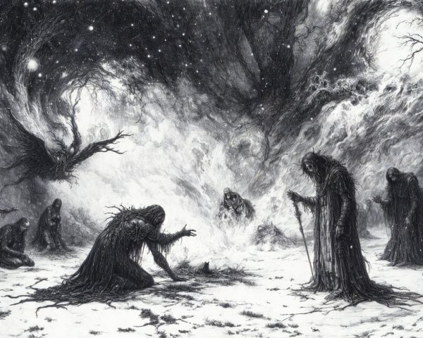 Eerie Hooded Figures Gather Around Fire in Snowy Landscape