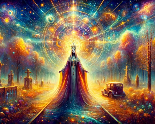 Mystical Figure in Surreal Cosmic Landscape with Gravestones