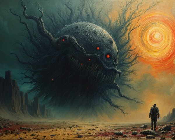 Lone Figure in Barren Landscape Under Ominous Entity