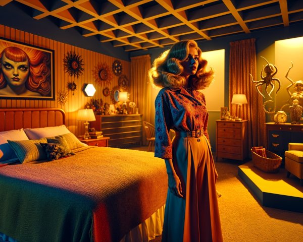 Retro Bedroom with Vintage Decor and Warm Lighting