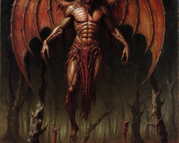 Demon Overlooking a Dark Forest with Eerie Atmosphere