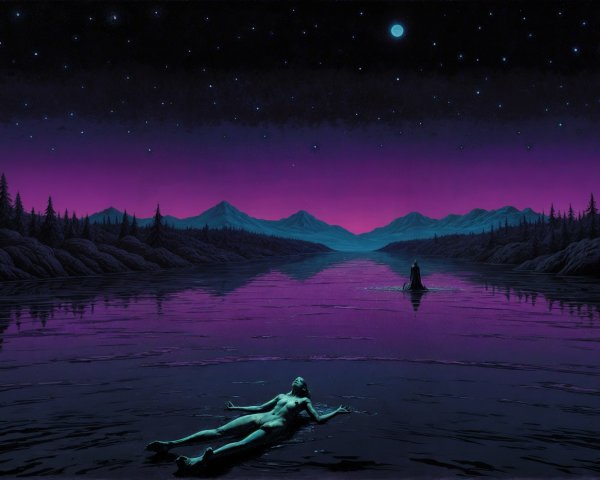 Serene Night Landscape with Reflective Lake and Stars