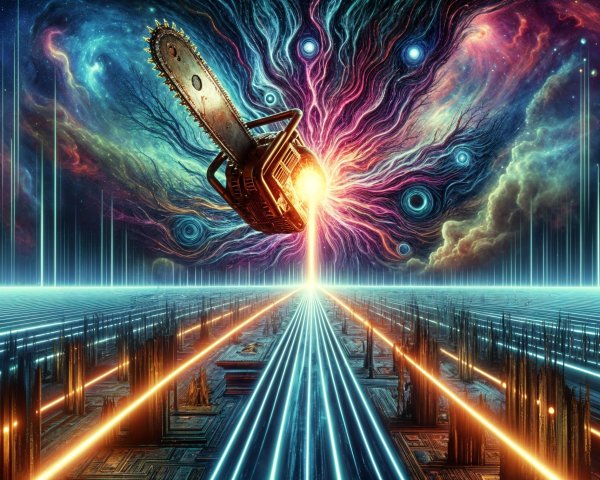 Chainsaw in Cosmic Scene with Futuristic Landscape