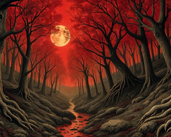 Crimson-Hued Mystical Forest with Luminous Moon