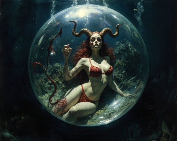 Underwater Scene with Mystical Figure and Aquatic Life