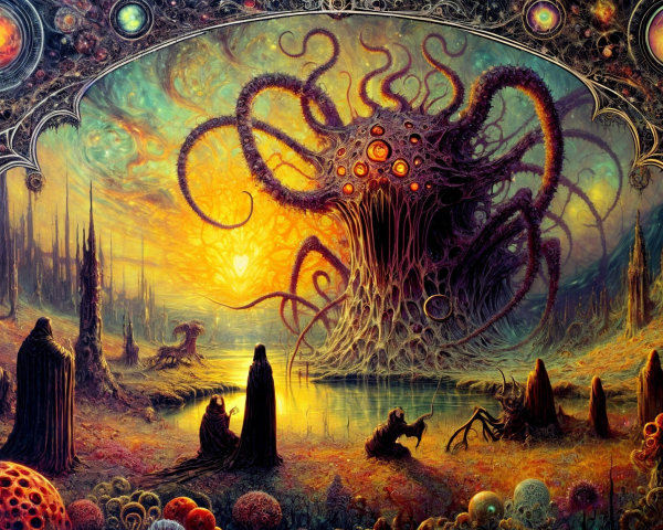 Surreal Landscape with Tentacled Creature and Figures