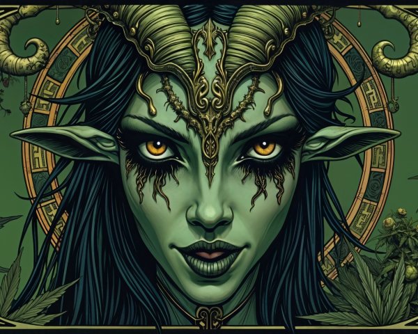 Ethereal Green-Skinned Figure with Horns and Patterns