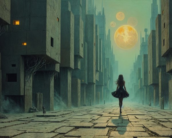 Surreal Dystopian Cityscape with Eerie Atmosphere
