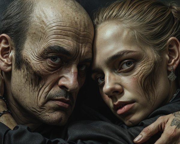 Intimate moment between two figures with deep emotions