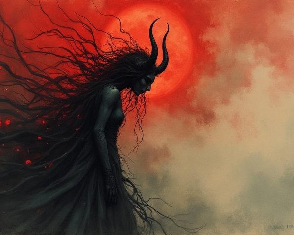 Ethereal Figure Under a Vivid Red Moon