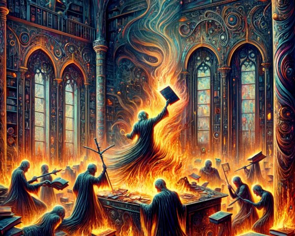 Ornate library with ethereal figures and glowing book