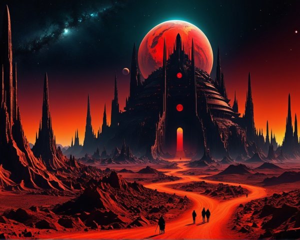 Majestic Castle Beneath a Giant Red Planet