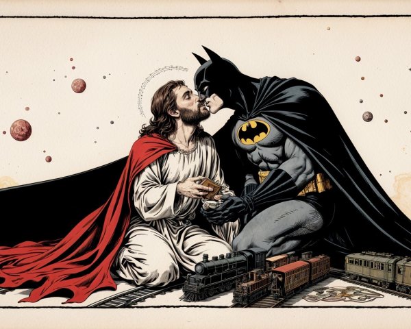 Batman and Jesus Embrace in Surreal Landscape
