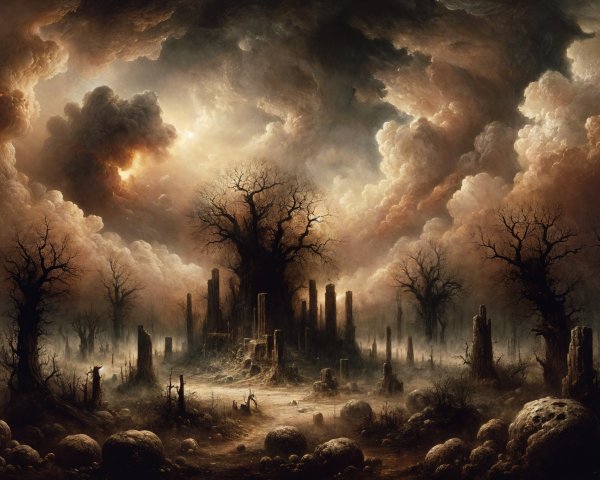 Haunting Landscape with Ominous Clouds and Mist