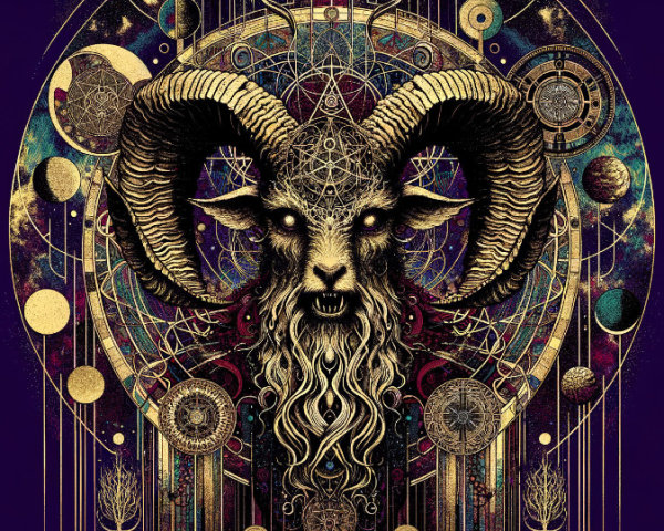 Ornate Ram's Head with Asterism and Occult Themes