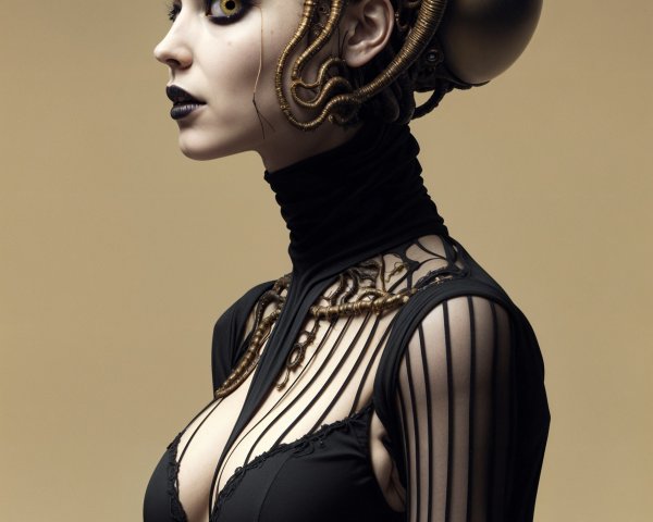 Futuristic figure with mechanical hairstyle and black outfit