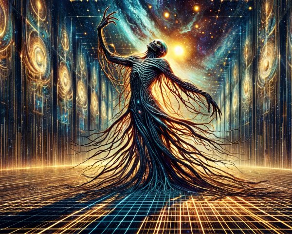 Skeletal Figure with Tendrils in Cosmic Landscape