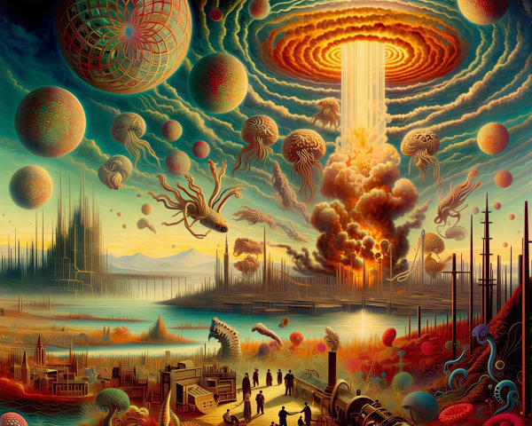 Surreal Colorful Landscape with Abstract Figures and Lake