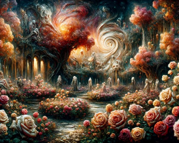 Fantastical Landscape with Vibrant Roses and Trees