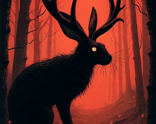Mysterious Black Creature in Enchanted Forest at Night
