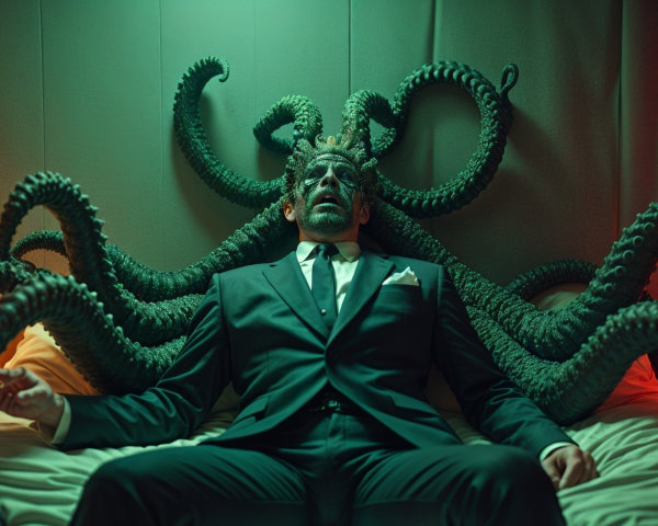 Man in Black Suit Surrounded by Tentacles in Dim Room