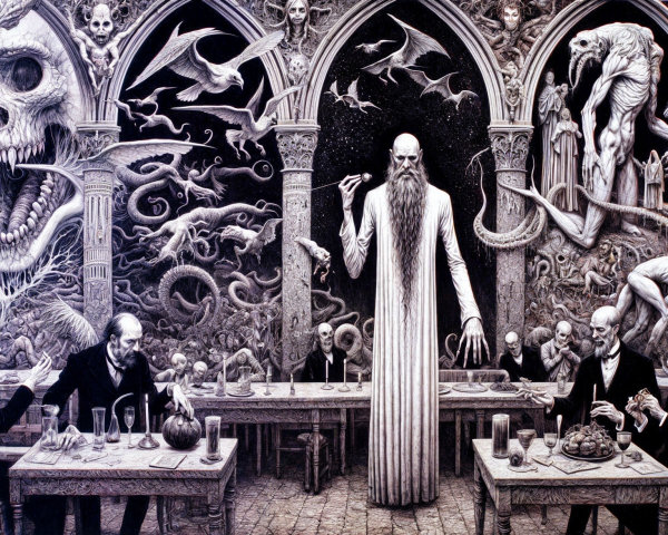 Haunting Dining Hall with Shadowy Figures and Eerie Elements