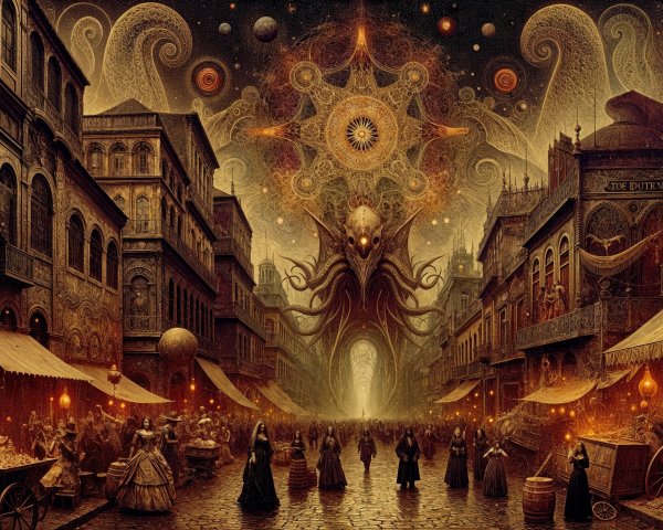 Surreal Marketplace in Vintage City Under Night Sky