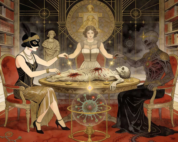 Ritual Scene with Figures and Corpse on Circular Table