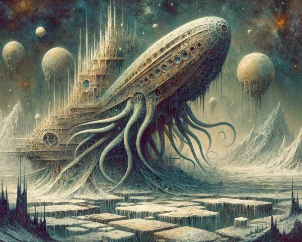 Surreal Scene of a Squid-Shaped Ship in Alien Landscape
