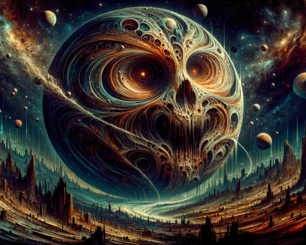Cosmic Landscape with Skull Planet and Nebulae