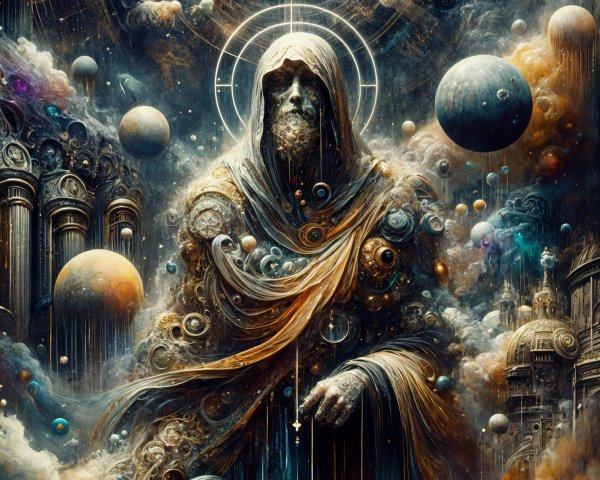 Cosmic Figure Surrounded by Galaxies and Light