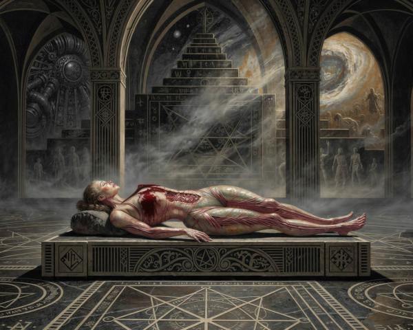 Gruesome Digital Painting of Skinned Female Body on Altar
