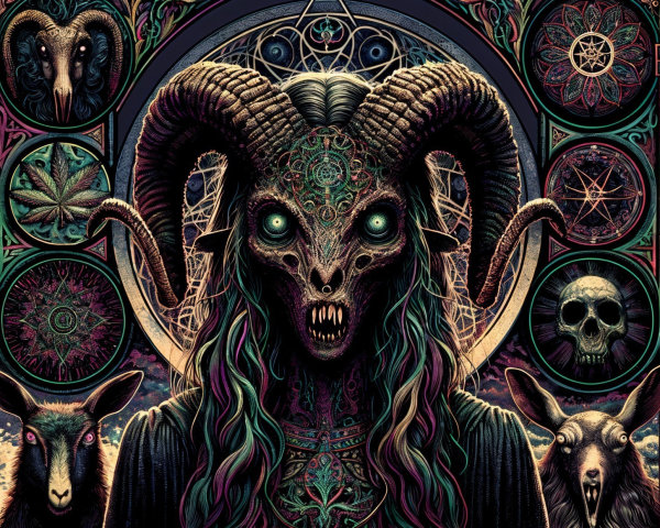 Mystical Figure with Ram Horns and Geometric Patterns