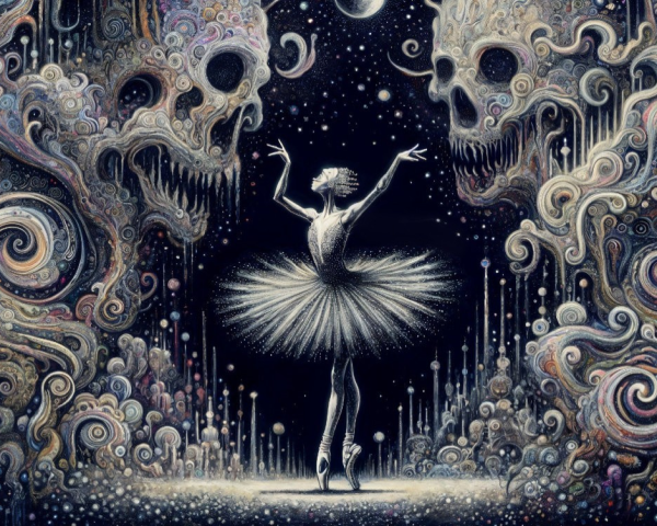 Surreal Ballerina Surrounded by Cosmic Skull Patterns