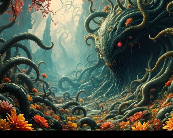 Dark Enchanting Forest with Menacing Creature and Flora