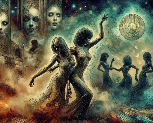 Surreal Cosmic Dance with Ethereal Figures and Colors