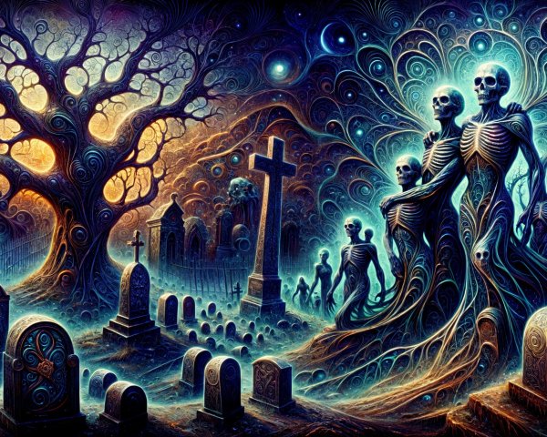 Surreal Graveyard with Ethereal Light and Skeletal Figures