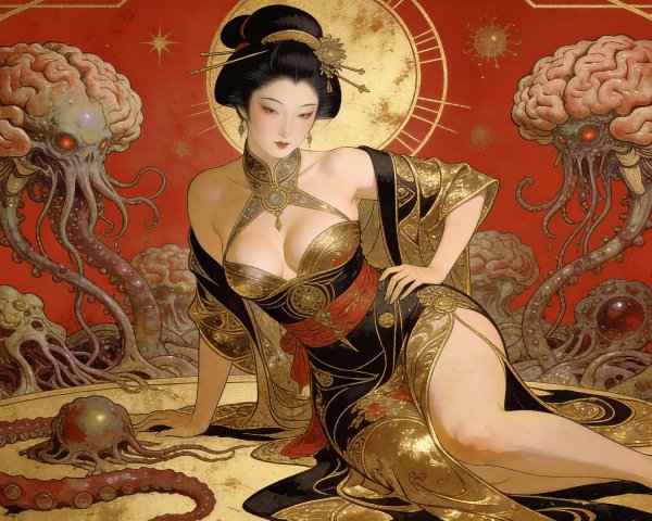 Art Deco Illustration of Japanese Woman and Creatures