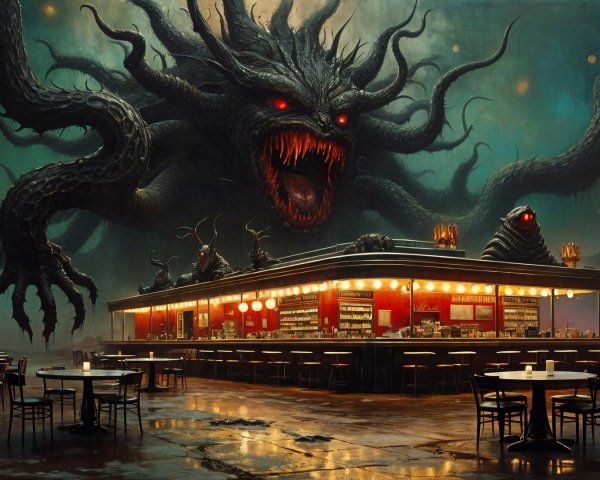 Dark Fantastical Diner with Ominous Tentacled Creature
