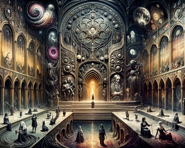 Ethereal Hall with Arches and Cosmic Motifs